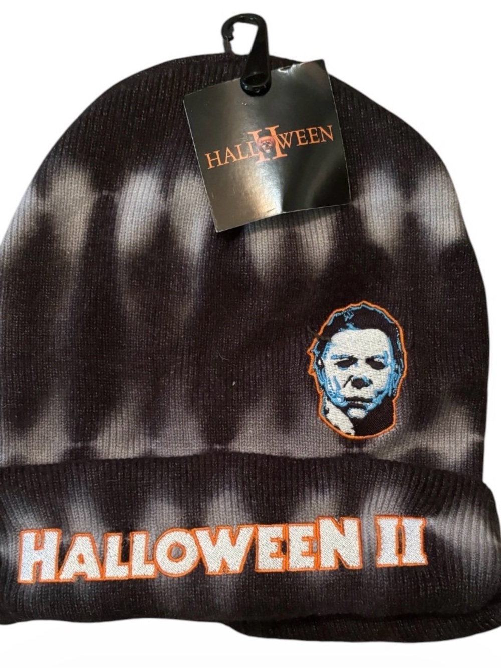 Halloween II Black Tie-Dye Beanie with Embroidered Mask Patch